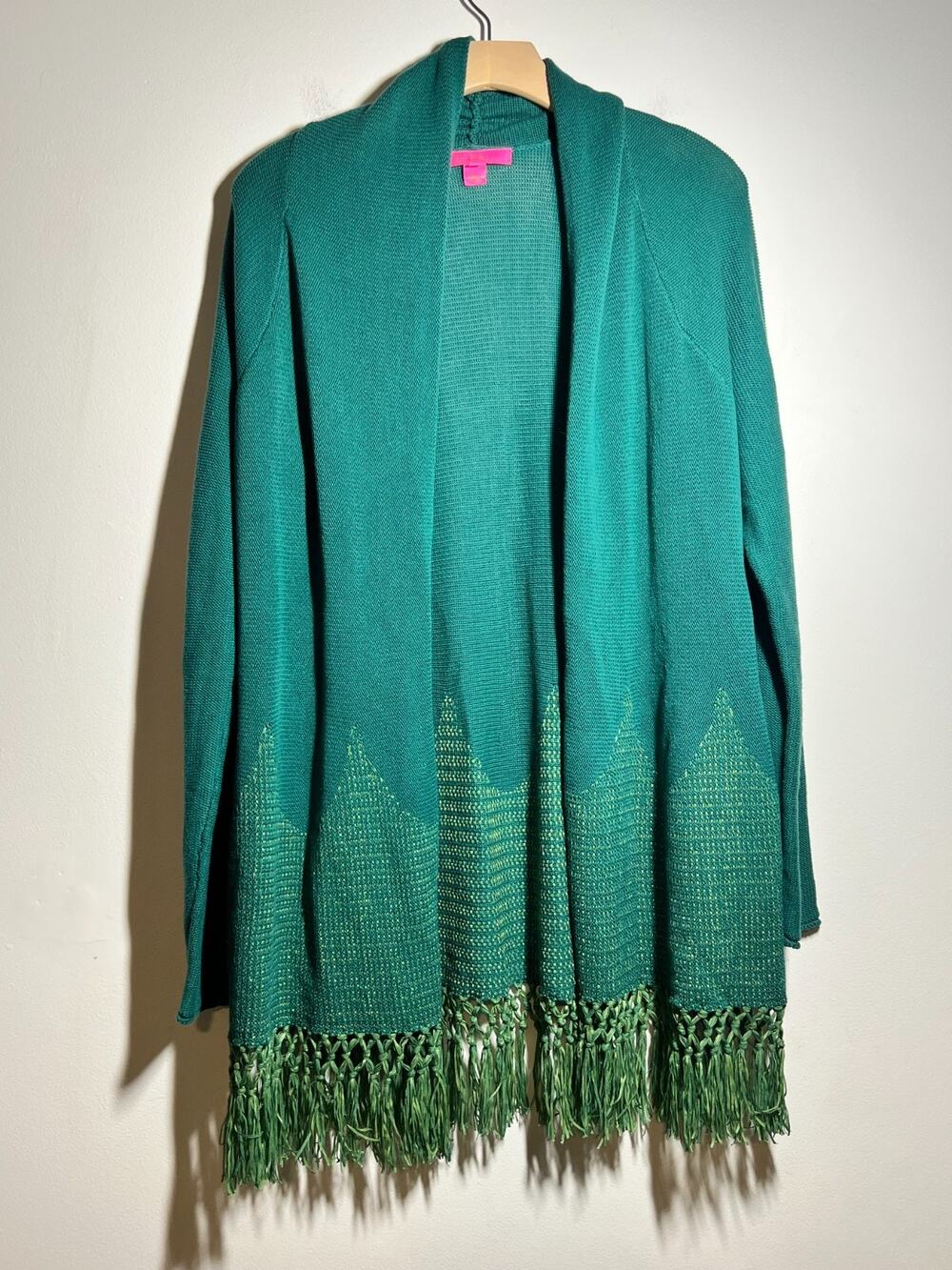 Lilly Pulitzer EUC Long Green Cotton Blend Tatum Cardigan Sweater Fringe M